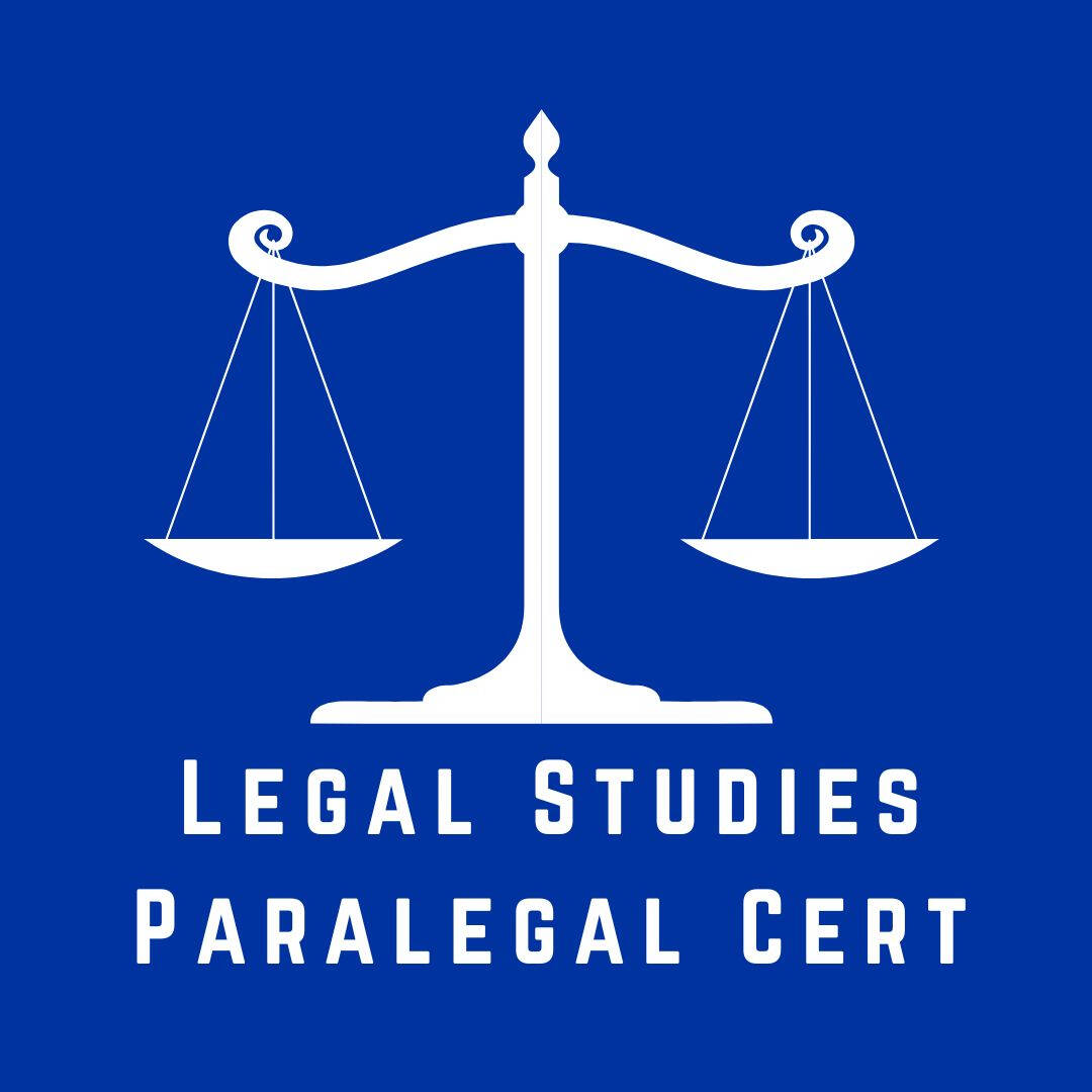 blue logo for legal studies major and paralegal certification, image is a drawing of the scales of justice